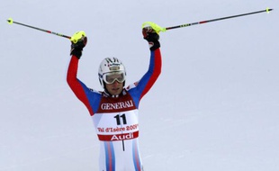 Julien Lizeroux, tout heureux après sa performance dans le slalom du combiné, à Val d'Isère, le 09 février 2009.