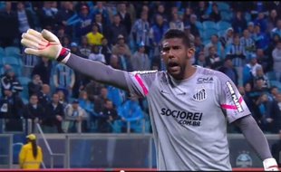 Aranha, le gardien du club brésilien de Santos, essaie d'attirer l'attention de l'arbitre sur les insultes racistes qui volent de la part des supporters du Gremio, le 28 août 2014.