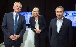 Pierre de Saintignon (PS), Marine Le Pen (FN) et Xavier Bertrand (Les Republicains), trois des candidats aux régionales en Nord-Pas-de-Calais-Picardie.