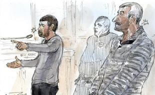 Croquis d'audience réalisé lors du procès d'Eric Robic (g) et de Claude Khayat, le 27 novembre 2014 lors de leur procès à Paris