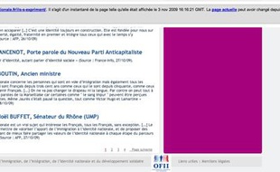 Capture-écran d'une page «en cache» du site Internet du débat sur l'identité nationale. Le lien vers la page «Modération» n'existait pas encore.