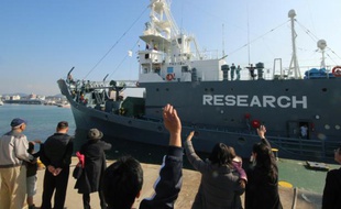 Un baleinier japonais quitte le port de Shimonoseki le 1er décembre 2015 pour l'Antarctique
