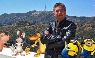 Pierre Coffin à Hollywood avec Pat, Lili et les lapinous, Stan et les Minions.