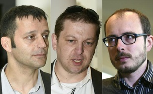 Montage réalisé le 26 avril 2016 de portraits du journaliste Edouard Perrin, et des lanceurs d'alerte Raphaël Halet et Antoine Deltour, au Palais de Justice de Luxembourg
