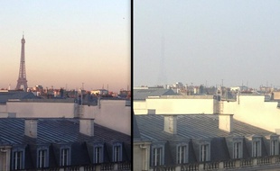 La tour Eiffel, vue du boulevard Malsherbes à Paris, avant et pendant le pic de pollution de mars 2014