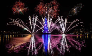 Des feux d'artifice illuminent le ciel de Rio lors de l'inauguration de l'arbre de Noël flottant le plus grand au monde, le 29 novembre 2014.