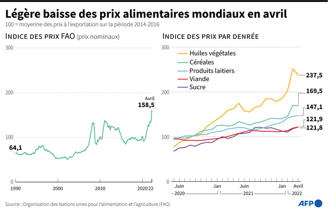 Indice dei prezzi FAO e Indice dei prezzi per materie prime, fino ad aprile 2022