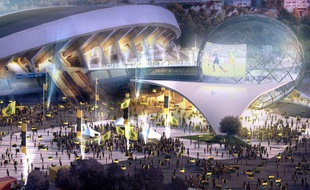 Les images de synthèse avec le stade, la sphère et la voile courbe au-dessus des guichets.