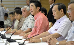 Le Premier ministre japonais Shinzo Abe (c) et le gouvernement assistent le 2 juin 2015 à une rencontre sur le climat à Tokyo