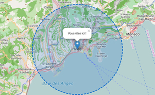 Capture d'écran du rayon de 10 km autour de l'avenue Jean-Médecin à Nice, sur le site www.coordonnees-gps.fr