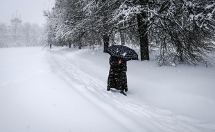 Une femme protégée d'un parapluie se fraie un chemin dans la neige à Moscou. / AFP PHOTO / Yuri KADOBNOV