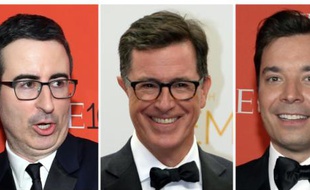 Montage photo montrant John Oliver et Jimmy Fallon (d) à New York le 21 avril 2015, et Stephen Colbert (c) le 25 août 2014 à Los Angeles