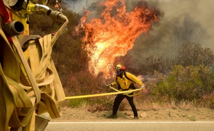 Un pompier lutte contre l'incendie qui ravage les alentours de Santa Clarita le 25 juillet 2016 en Californie
