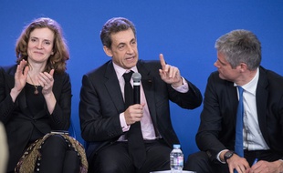 Nathalie Kosciusko-Morizet, Nicolas Sarkozy et Laurent Wauquiez de l'UMP, le 8 avril 2015 au siège de l'UMP.