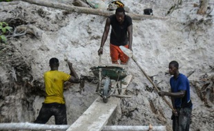 Des chercheurs d'or le 13 novembre 2015 à Mayibouth dans le nord-est du Gabon