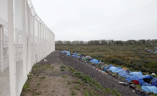 Des migrants installés dans une jungle, à Calais, au pied des clôtures d'Eurotunnel.