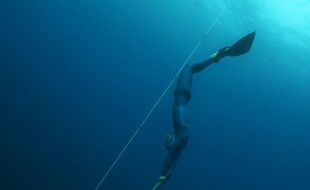 Le champion français d'apnée Guillaume Néry lors d'un entraînement en Méditerranée, le 18 juillet 2015 près de Nice