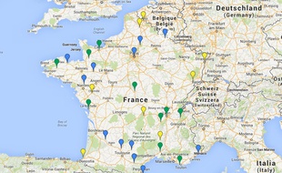 La carte des festivals où sont programmés Stromae (en jaune), Fauve (en bleu) ou les deux à la fois (en vert)