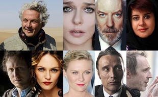 Les jurés du Festival de Cannes : de g. à dr. de haut en bas : G. Miller, V. Golino, D. Sutherland, K. Shahabi, L. Nemes, V. Paradis, K. Dunst, M. Mikkelsen, A . Desplechin