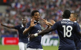 Loîc Rémy félicité par Moussa Sissoko, le 4 septembre 2014 au Stade de France.