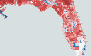 La carte électorale de Floride lors de la présidentielle de 2016 entre Trump (rouge) et Clinton (bleu).