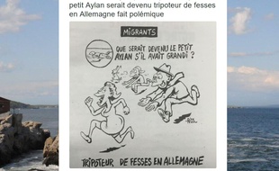 Capture d'écran d'un post Twitter montrant le dessin de «Charlie Hebdo» mettant en scène Aylan Kurdi.