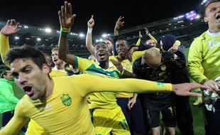 Les joueurs nantais, fêtant un succès capital à Caen, le 13 mai 2013.