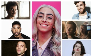Bilal Hassani au centre et, de haut en bas et de gauche à droite : Miki, John Lundvik, Mahmood, Duncan Laurence, Eliot, Katerine Duska.