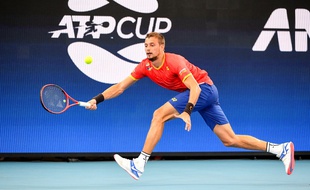 Le Moldave Alexander Cozbinov lors d'un match d'ATP Cup contre la Belgique à Sydney, le 3 janvier 2020.