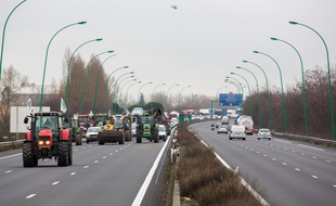 Des agriculteurs manifestent sur leurs tracteurs sur le périphérique de Toulouse, le 31 janvier 2018.