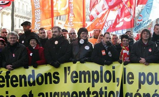 Jean-Claude Mailly (FO), François Chérèque (CFDT) et Bernard Thibault (CGT) en tête de la manifestation parisienne du 29 janvier 2009