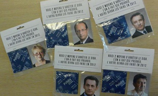 Des préservatifs «Aides» à l'effigie de candidats à la présidentielle, le 12 mars 2012.