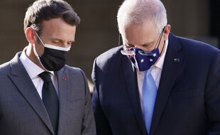 Emmanuel Macron et le Premier ministre australien, Scott Morrison, à l'Elysée le 15 juin 2021.
