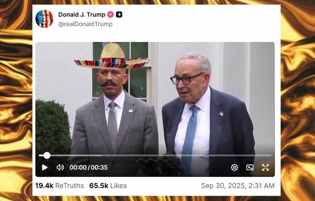 Nouveau scandale le 30 septembre, quand Donald Trump affuble Hakeem Jeffries, le chef de la minorité démocrate à la Chambre, d’une fausse moustache et d’un sombrero.