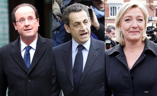 Montage photo de François Hollande, Nicolas Sarkozy et Marine Le Pen.