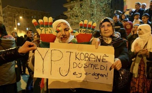 Des kurdes célèbrent le 26 janvier 2015 dans la ville turque de Diyarkakir la victoire des kurdes syriens sur l'organisation jihadiste Etat islamique (IS) dans la ville de Kobané