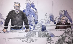 Dessin montrant Michel Fourniret et Monique Olivier lors de leur procès devant les assises des Yvelines, en 2018.