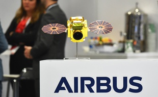 The Airbus logo is seen at its stand during the the 70th annual International Astronautical Congress at the Walter E. Washington Convention Center in Washington, DC on October 22, 2019.