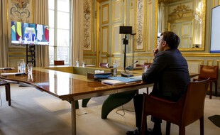 Emmanuel Macron a participé au G5 Sahel en visioconférence depuis Paris, le 15 février 2021.