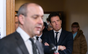 Laurent Berger (Cfdt) et Geoffroy Roux de Bezieux (Medef) lors d'une conférence de presse le 30 janvier 2020.