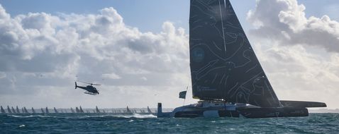 French skipper Charles Caudrelier sails his Ultim multihull Gitana - Edmond de Rothschild  after the start of the Route du Rhum solo sailing race, off Saint-Malo, on November 9, 2022. - The Route du Rhum solo sailing race starts on November 9, 2022, from Saint-Malo to  Pointe-a-Pitre in Guadeloupe. (Photo by LOIC VENANCE / AFP)