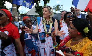 La presidente du Rassemblement National Marine Le Pen arrive en outre-mer pour une visite de 2 jours a Mayotte dans le cadre des elections europeennes.