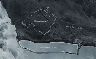 Sur cette image de l'Agence spatiale européenne, on peut voir l'iceberg le plus gros du monde se détacher de l'Antarctique.