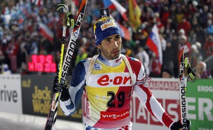 Le biathlète français, Martin Fourcade, lors de sa victoire aux championnats du monde de Nove Mesto, en République tchèque, sur l'épreuve du 20km, le 14 février 2013.