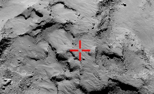 Photo montrant le premier point d'impact où le robot Philae s'est posé sur la comète Choury.