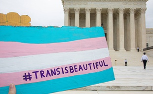 Le drapeau trans lors d'une manifestation, en octobre 2019.