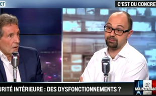 Thomas Guénolé (à dr.), face à Jean-Jacques Bourdin, dans «Bourdin Direct», en novembre 2015.