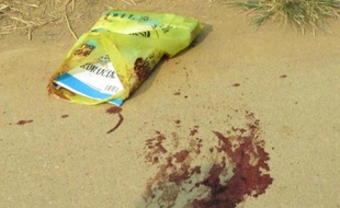 Des taches de sang sur le sol à côté d'un sac contenant des livres à Pingshan, dans le sud de la Chine, où un forcené muni d'un couteau a tué 4 élèves d'une école primaire, le 26 septembre 2014