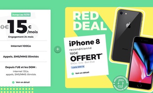 Faites vite pour profiter du RED Deal de RED by SFR. L'opérateur vous offre un iPhone 8 reconditionné avec le forfait 100 Go à 15€/mois jusqu'au 11 octobre.