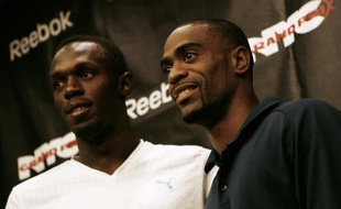 Usain Bolt (gauche) et Tyson Gay droite) à New-York le 29 mai 2008